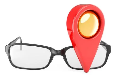 Eyeglasses with map pointer, 3D rendering Stockillustratie