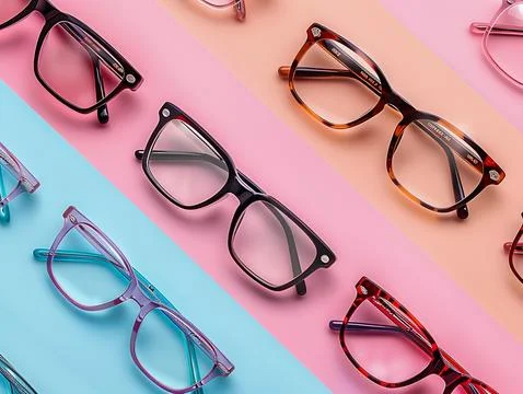 Eyeglasses Multicolored Frame Blue Background Orange Background Pink Background Stock Photos
