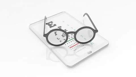 Eyeglasses set on tablet with eyesight test on screen, isolated on white back 스톡 일러스트