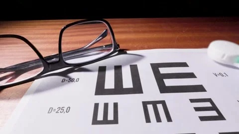 Eyeglasses on Table Beside Eye Chart for Optometry Examination 11 Stock Footage 318660016