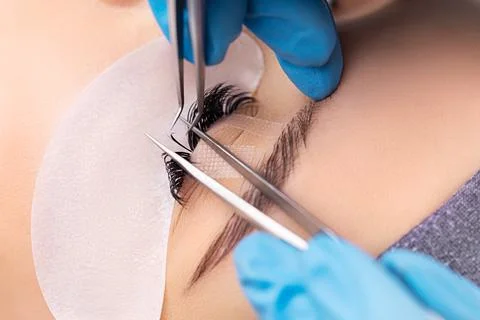 Eyelash extension procedure. The working process of professional beauty master Stock Photos