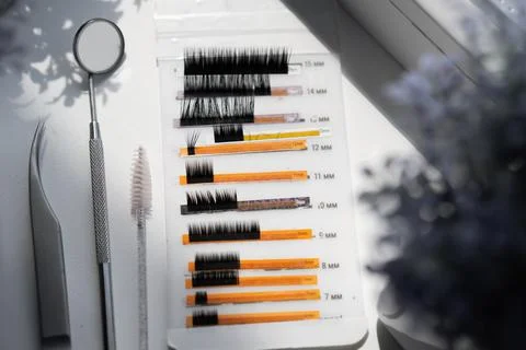 Eyelash Extensions Display with Beauty Tools Stock Photos