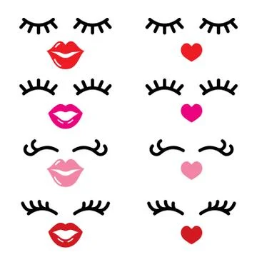 Eyelashes and lips vector icons, pretty girl's face, closed eyes and heart lips Stock Illustration