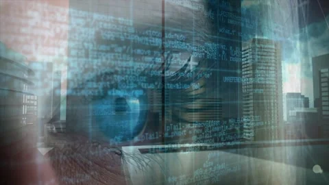 Eyelid lifting, blue eye opening, city facade merging with scrolling code, Stock Footage 327902399