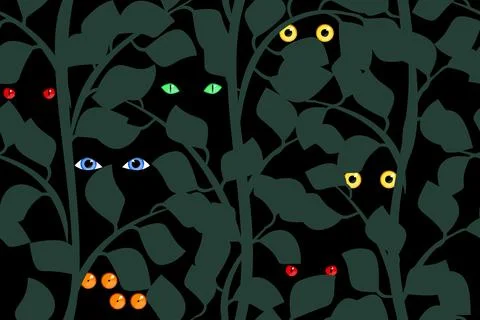 Eyes of different creatures in the night forest Stock Illustration