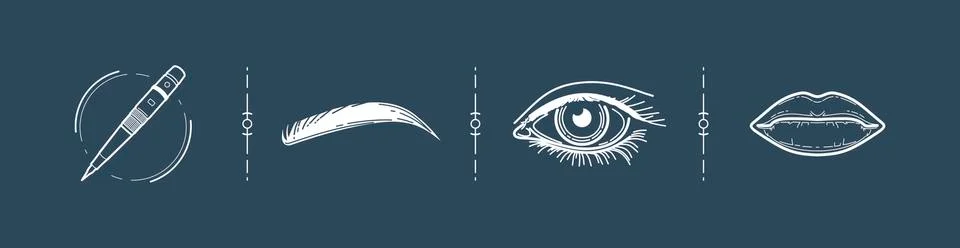 Eyes, eyebrows, lips - set of linear icons. tattoo for the face. cosmetology. Stock Illustration