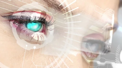 Eyes looking at holographic interface with coding words Stock Footage 40982298