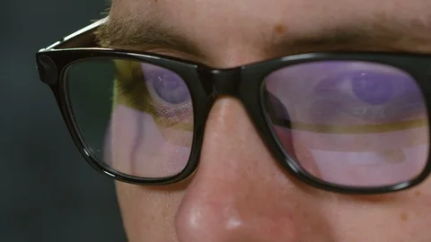 Eyes of Man in Glasses Working with Computer Video stock 103527946