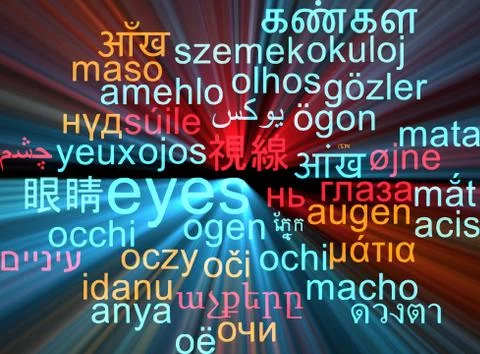 Eyes multilanguage wordcloud background concept glowing Stock Illustration