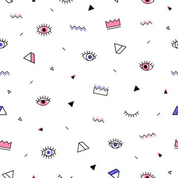 Eyes pattern with crown and geometric shapes in memphis style. Minimal design Stock Illustration
