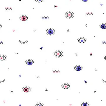 Eyes pattern with geometric shapes in memphis style. Minimal design. Closed a Stock Illustration