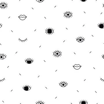 Eyes pattern with lips and geometric shapes in memphis style. Fashion backgro Stock Illustration