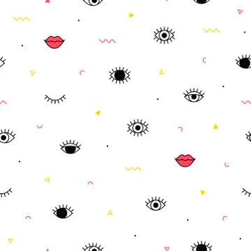 Eyes pattern with lips and geometric shapes in memphis style. Fashion backgro Stock Illustration