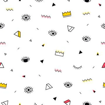 Eyes pattern with yellow crown and geometric shapes in memphis style. Minimal Stock Illustration