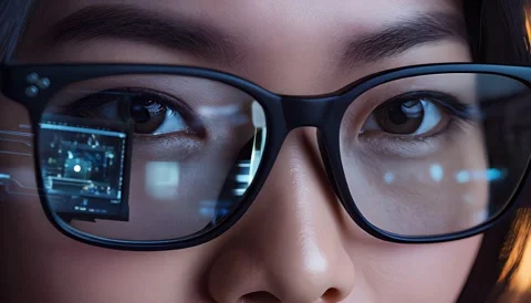 Eyes reflecting technology and focus in evening light. Generative AI Stock Footage 312682637