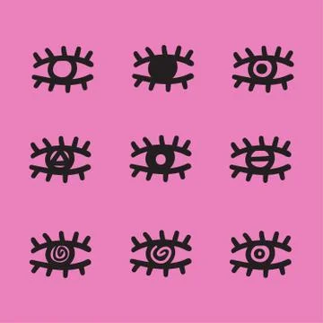 Eyes vector set black lines on pink. Stock Illustration