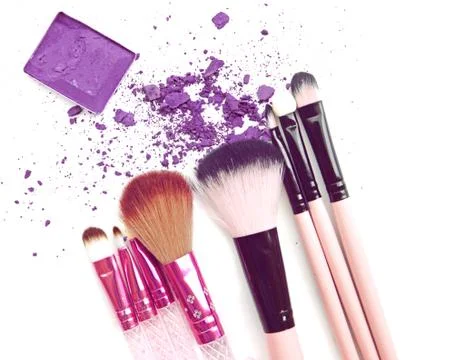 Eyeshadow in box and crushed samples isolated with brush make up Stock Photos