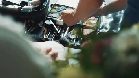 Eyeshadows And Makeup Brushes, Closeup. Stock-Footage 108594252