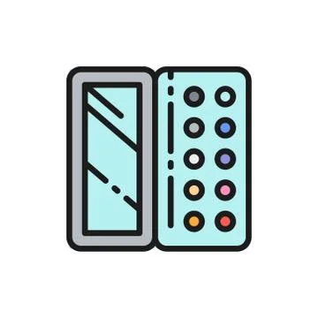 Eyeshadows in mirror case, makeup blush, powder flat color line icon. Stock Illustration