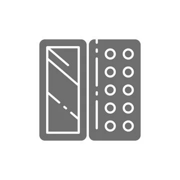 Eyeshadows in mirror case, makeup blush, powder grey icon. Stock Illustration