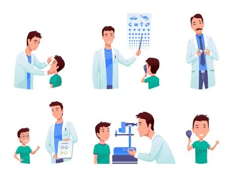 Eyesight diagnostics icon set. Optometrist checking kid eyesight with spectacles Stock Illustration