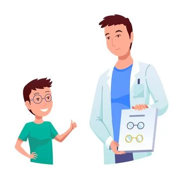 Eyesight diagnostics. Optometrist checking kid eyesight. Eyes test procedure in Stock Illustration