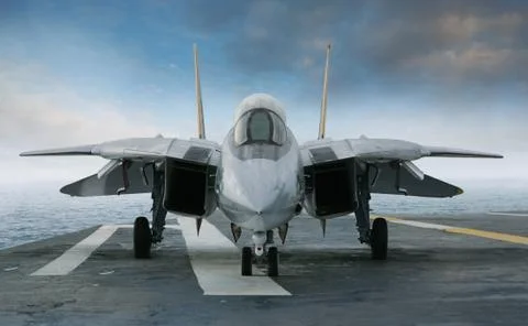 F-14 jet fighter on an aircraft carrier deck viewed from front Stock Photos