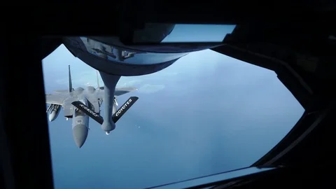 F-15 Eagle approaching boom for air to air refuel above UAE Stock Footage 109160445