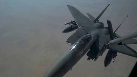 F-15 Eagle during in-flight refueling above Qatar Stock Footage 94255109