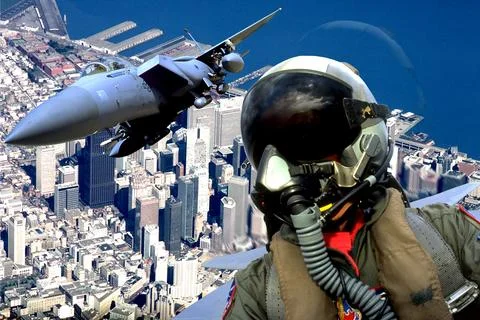 F-15 EAGLE PILOT POV FLYING FIGHTER JETS  OVER SAN FRANCISCO CA. Stock Photos