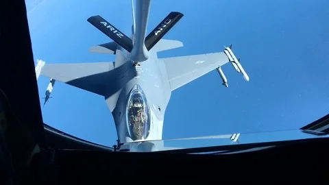 F-16 Jet completes refueling in mid-air Stock Footage 110795121