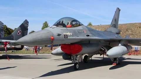 F-16 Multirole fighter aircraft. Army equipment show in Poland Stock Footage 41696703