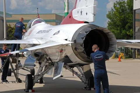 F-16 thunderbird being prepared  for display Stock Photos