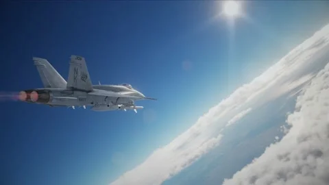 F-18 fighter jet flying above the clouds, armed with missiles. Computer Stock Footage 232865572