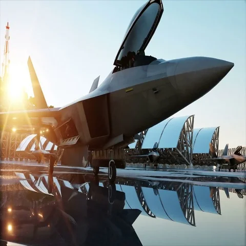 F 22 raptor, military fighter jet. military base. sunset. 3d animation. Stock Footage