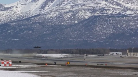 F-22 Raptor taking off from Joint Base Elmendorf-Richardson, Alaska Stock Footage 105289689