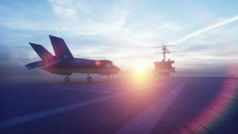 F-35 fighter takes off vertically from the aircraft carrier at sunrise. 3D Stock Illustration