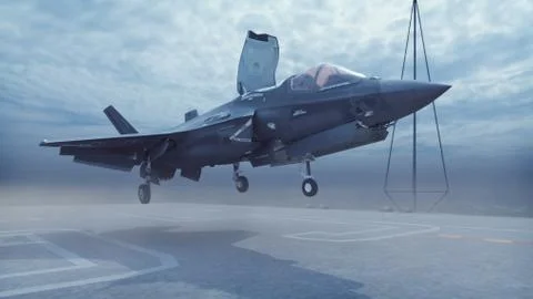 F-35 fighter takes off vertically from the aircraft carrier. 3D Rendering Stock Illustration