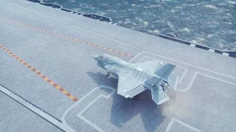 F-35 fighter takes off vertically from the aircraft carrier. 3D Rendering Stock Illustration