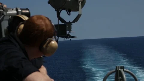 F-35C Lightning II lands on ?ight deck USS Abraham Lincoln - 2017 Stock Footage 86389730