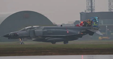 F-4 Phantom with Turkish Symbols on Tail for NATO Entry Anniversary in Rain 스톡 동영상 263955219