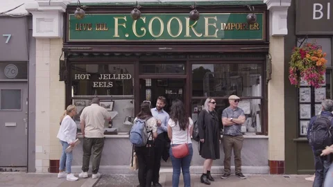 F. COOKE EEL IMPORTER WIDE SHOT IN BROADWAY MARKET Stock Footage 126716903
