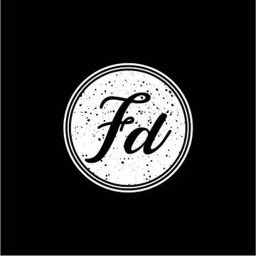 F D Initial Handwriting In Black and White Circle Frame Design Stock Illustration