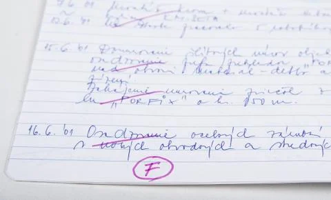F grade from the test written red on netebook paper. Stock Photos
