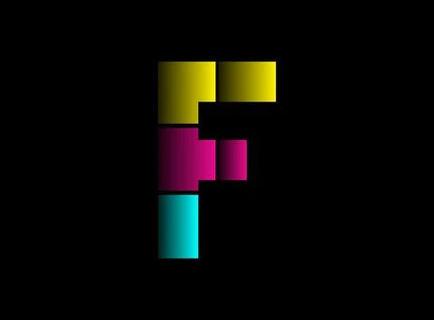 F letter font, vector logo made of Cmyk color. Dynamic split blue, pink, yell Stock Illustration