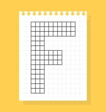 F letter on notepad sheet of squared paper, made of squares. Vector illustrat Illustrazione stock