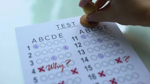 F minus grade on test paper, academic assessment result, failed entrance exam Stock Footage 97280598