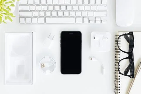 F phone  and device set on table top view Stock Photos