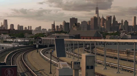 F Train Manhattan Skyline New York City NYC Brooklyn 4K Sunset Stock Footage 41659387