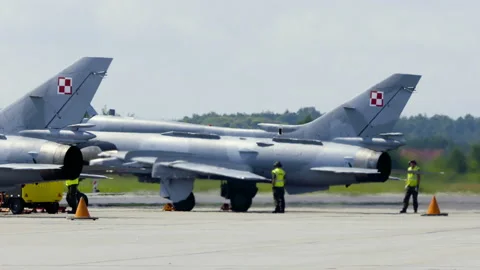 F16-C jets getting ready to a flight at air show in Gdynia Stock Footage 136495071